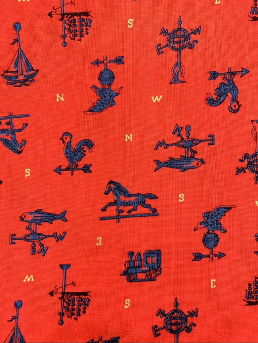 VTG Red Cotton Patriotic Weathervane Print Eagle Rooster Horse Train 3yds+17"x38